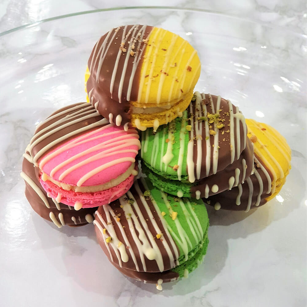 Chocolate Dipped Barfi Macarons