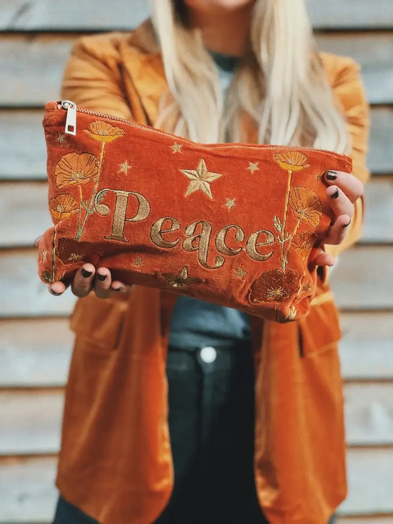 Peace Embroidered Velvet Pouch