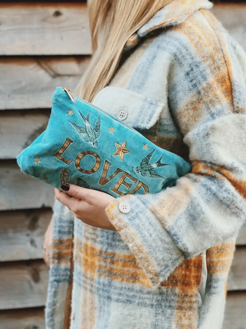 Loved Embroidered Velvet Pouch