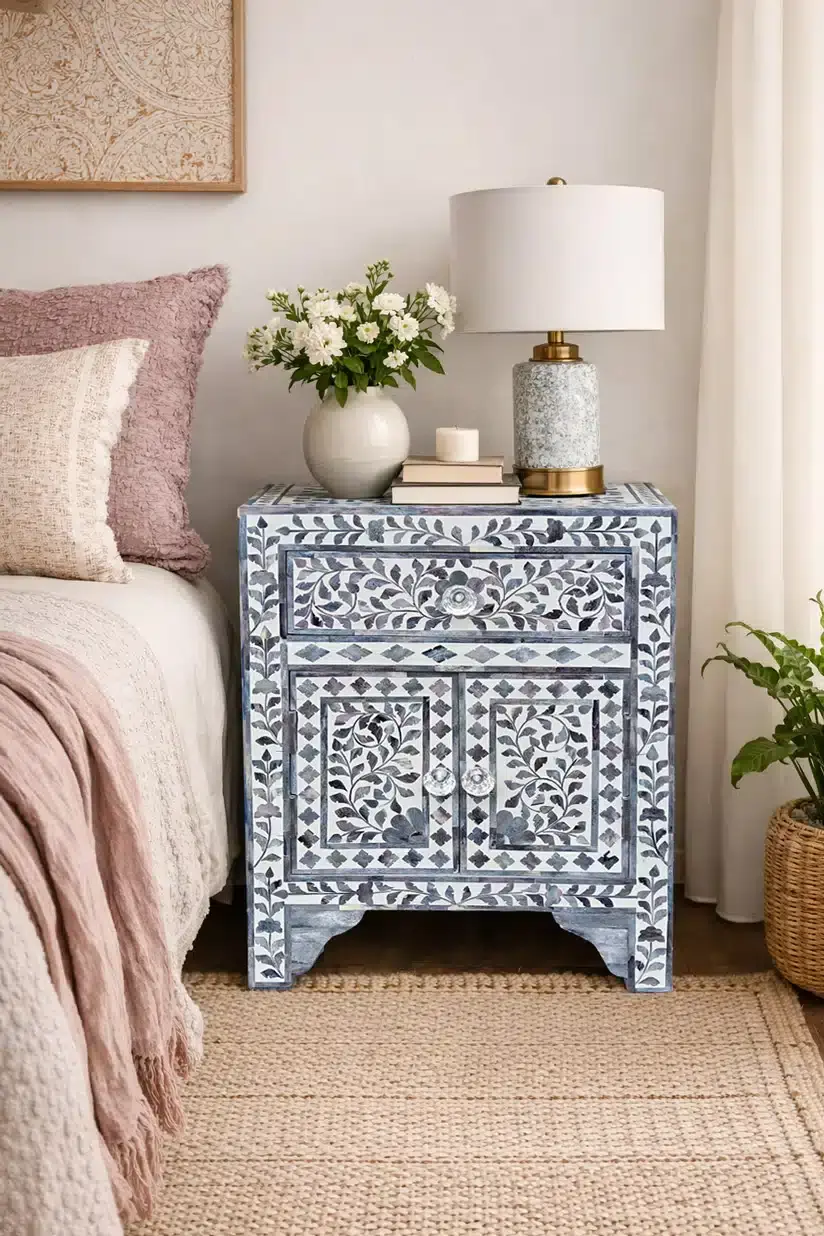 White & Blue Bone Bedside Table
