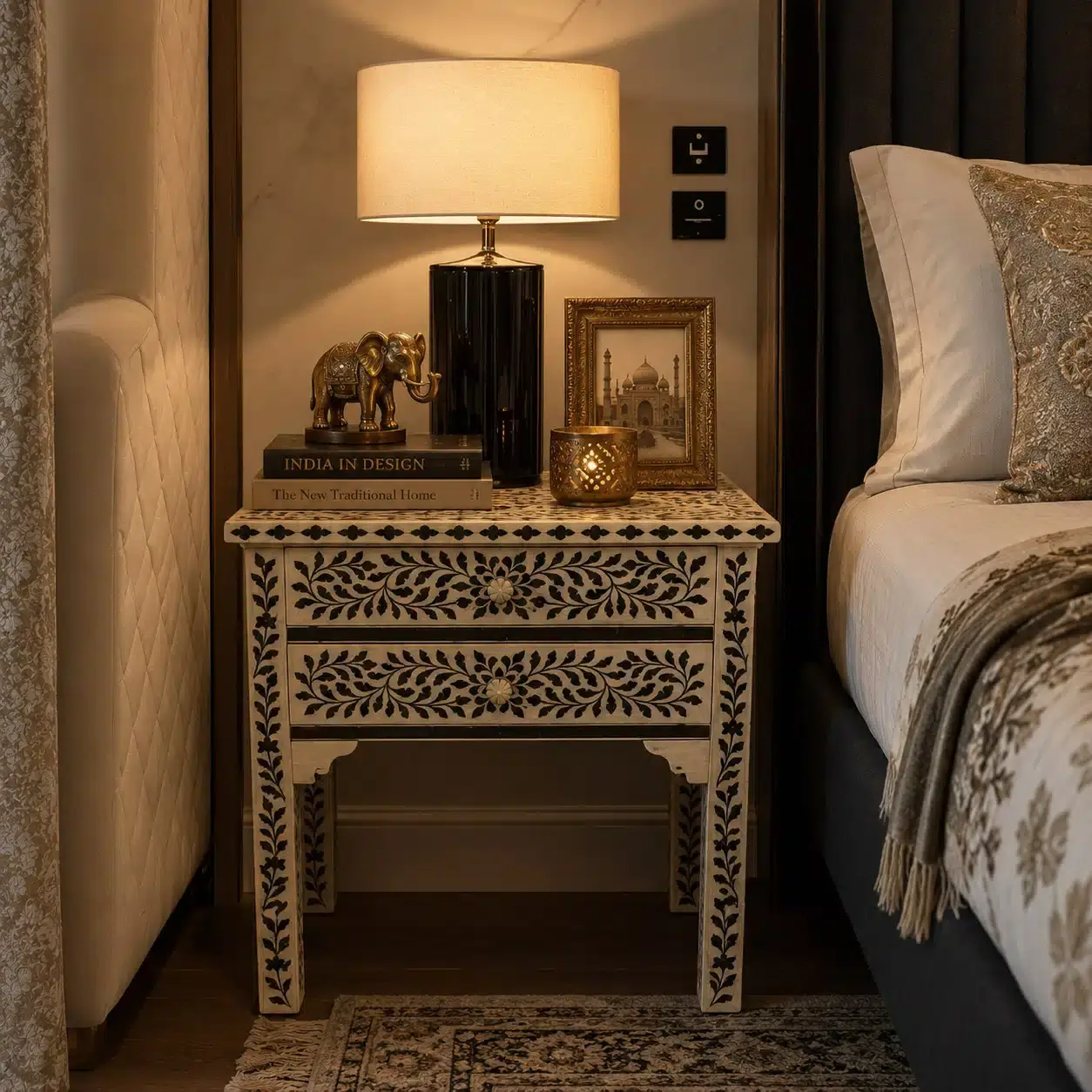 Cream & Black Bone Bedside Table
