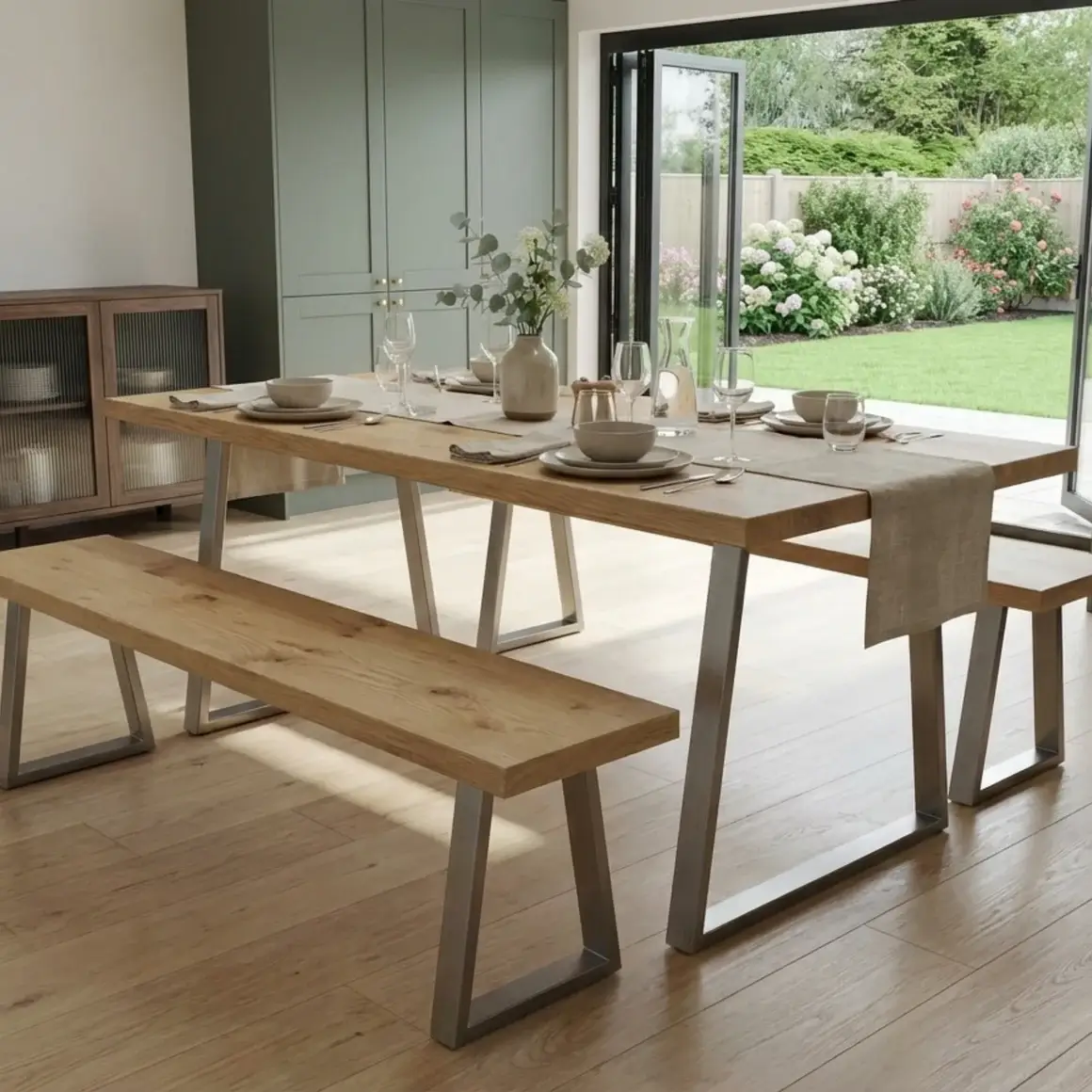Oak Dining Table and Bench Set
