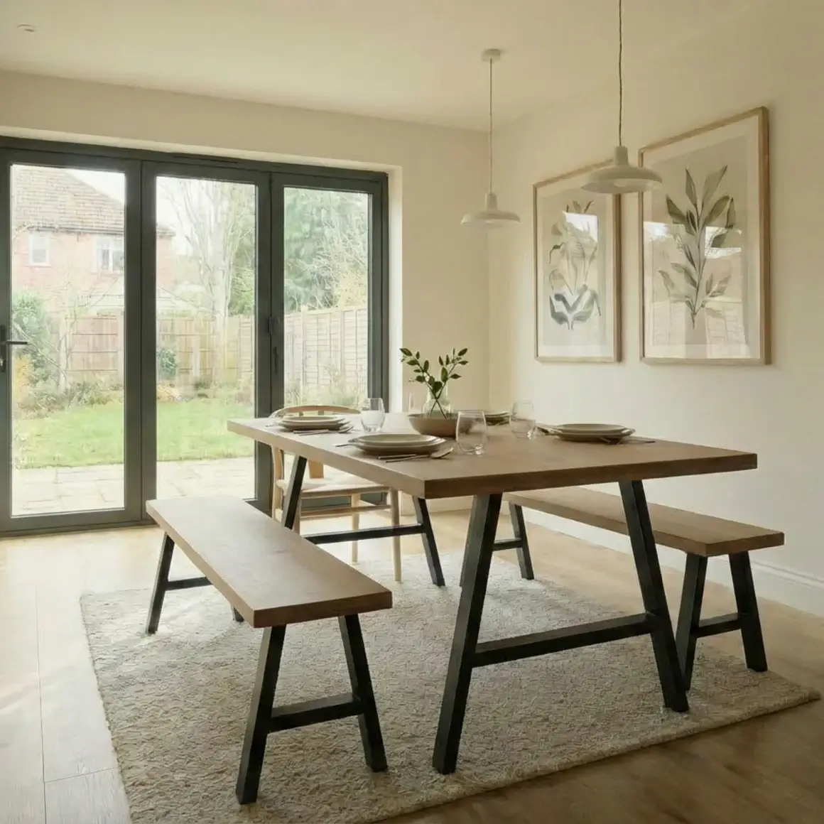 Solid Oak Dining Table & Bench Set