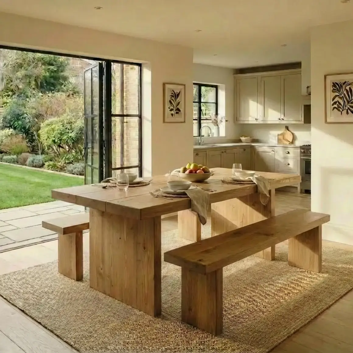 Rustic Pine Pedestal Dining Table & Bench Set