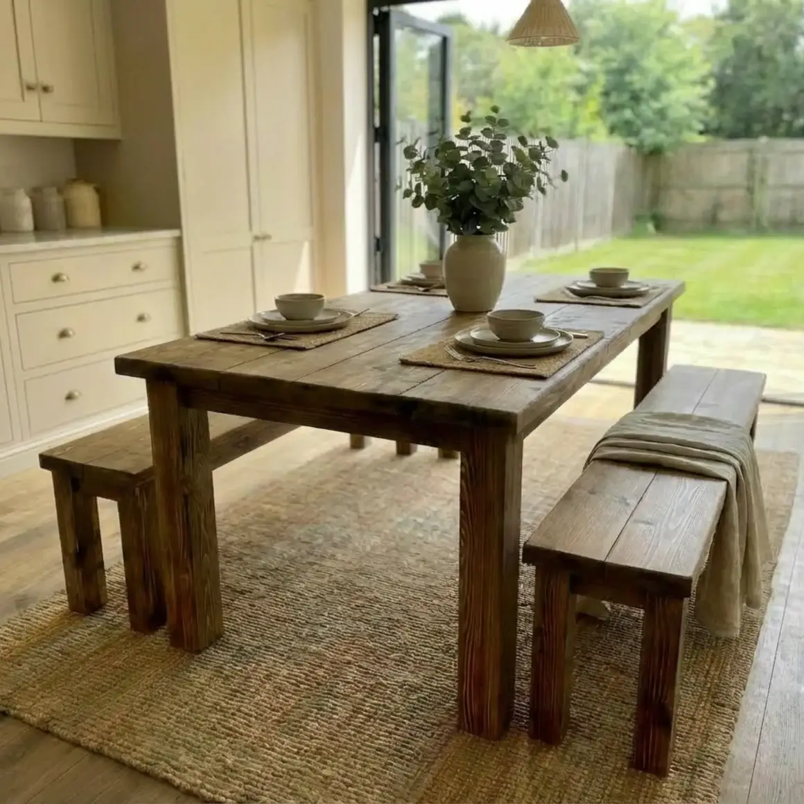 Rustic Pine Farmhouse Dining Table & Bench Set