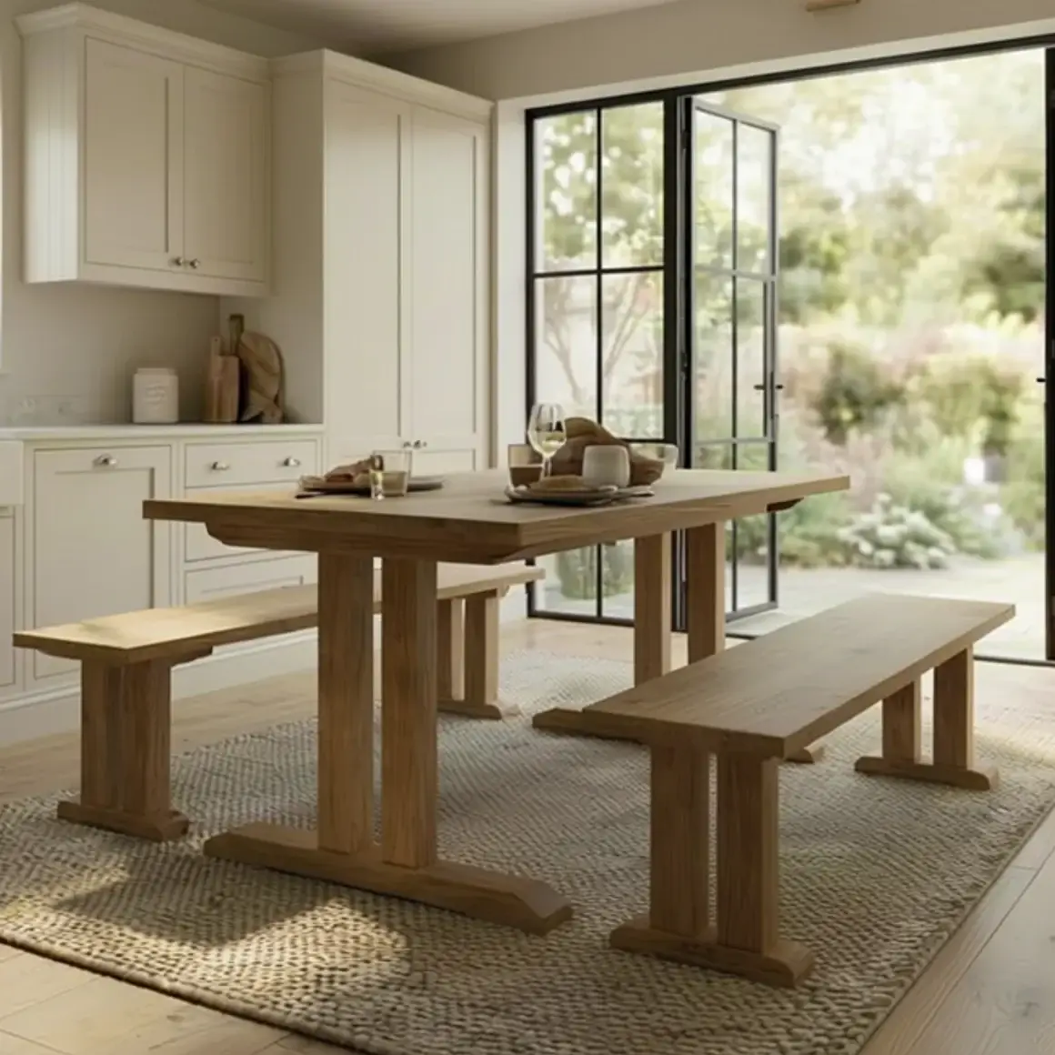 Solid Oak T Leg Dining Table & Bench Set