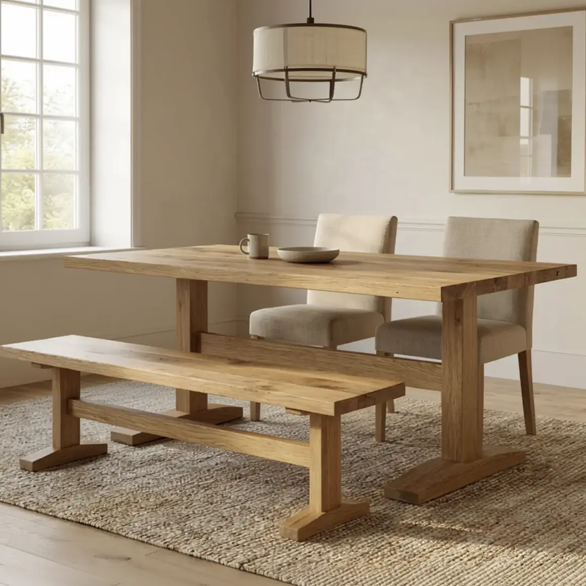 Solid Oak Pedestal Dining Table and Bench Set